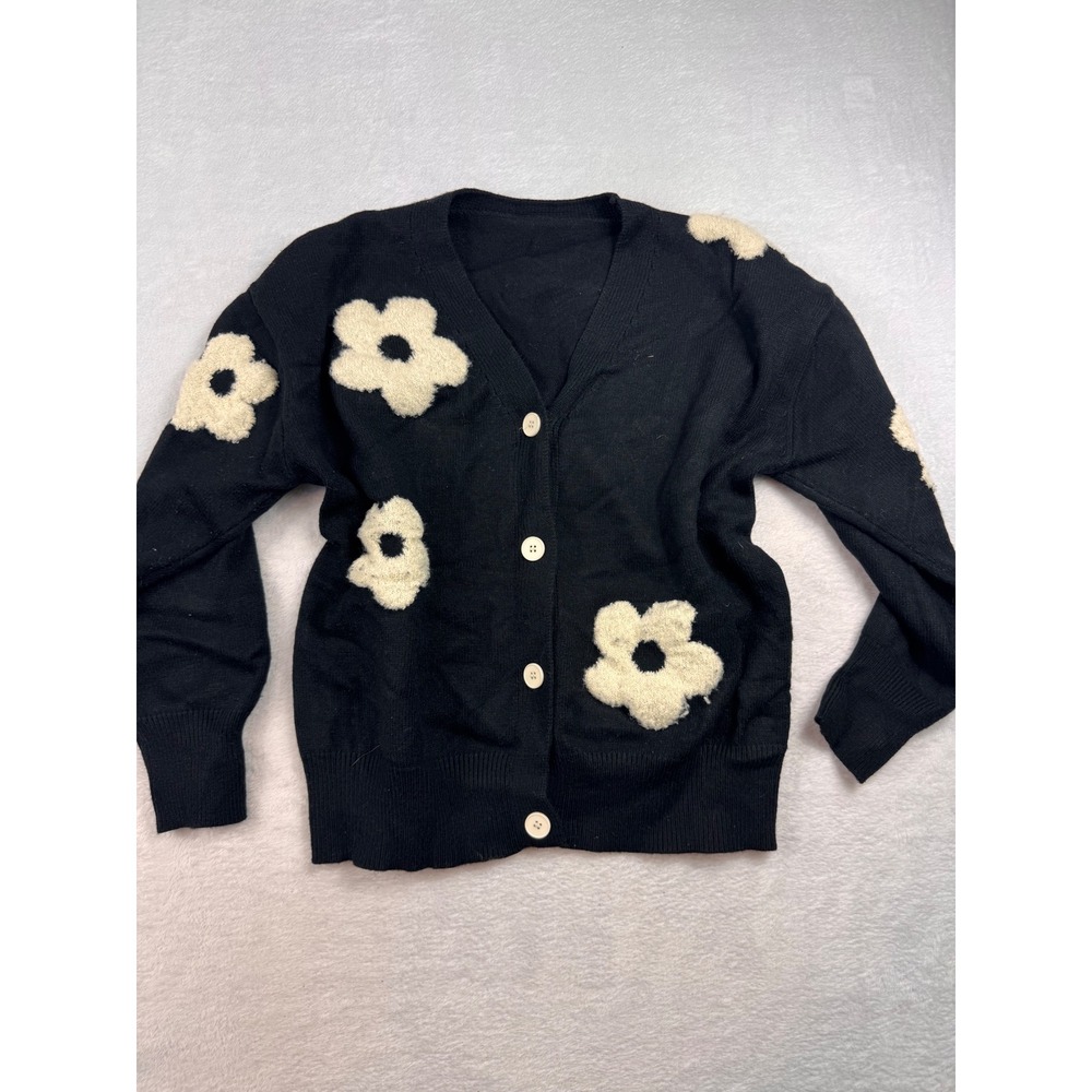 Cider Floral Knit Cardigan Black Cream Fuzzy Flower Button Front Sweater L